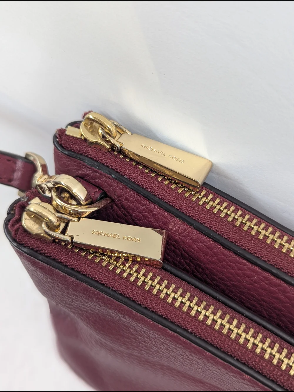 Michael Kors Burgundy Pebbled Leather Crossbody Double Zip Wristlet Clutch Gold